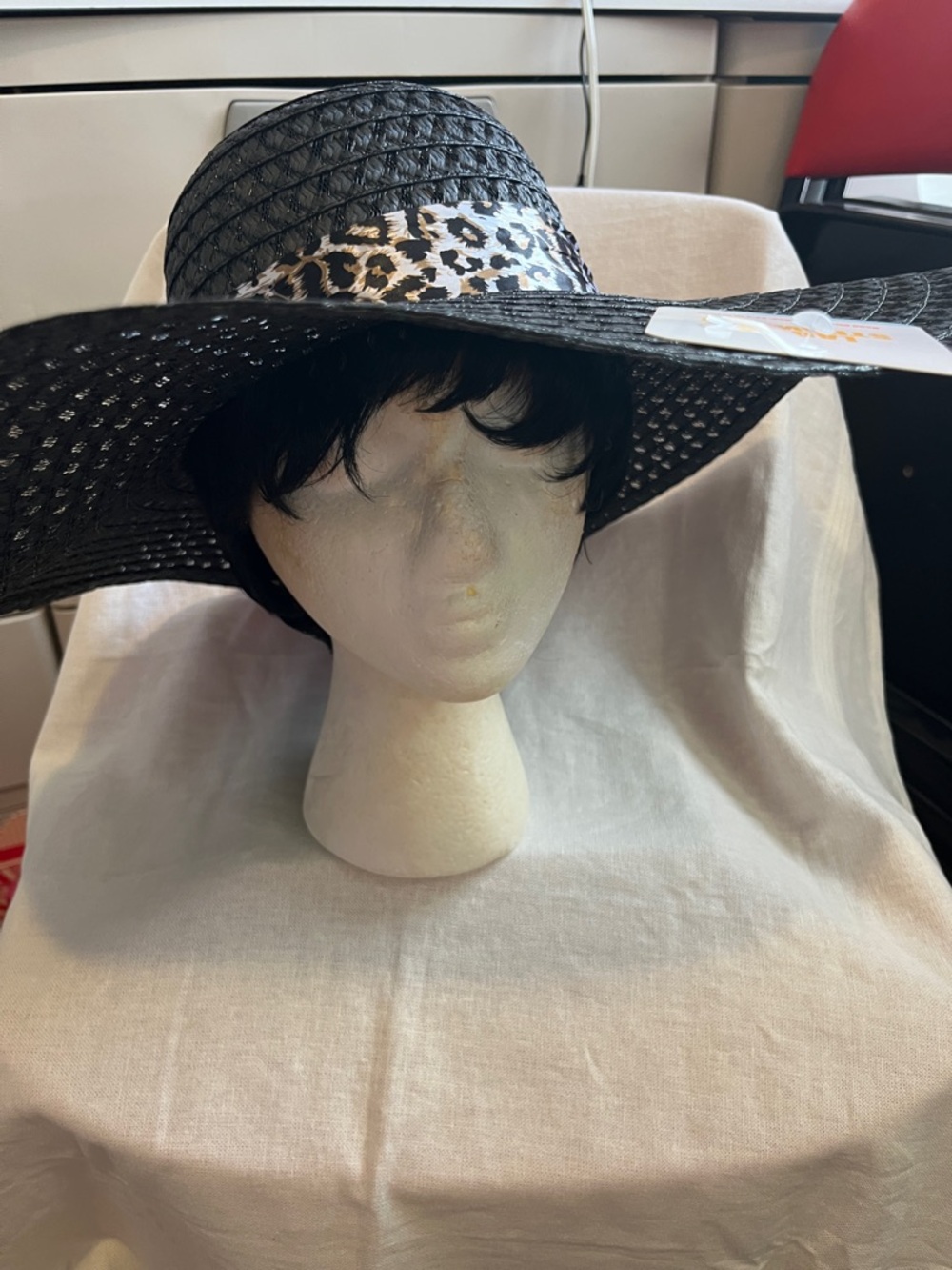 Black Wide Brim Sun Hat with Leopard Band - Women Accessories
